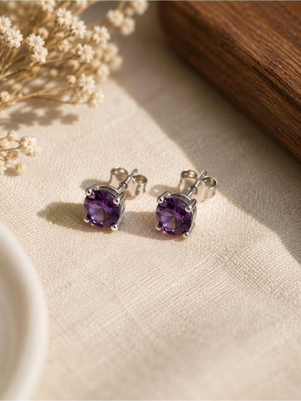 Sterling Silver Purple Cubic Zirconia Stud Earrings 925 6mm Round